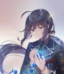  1boy ahoge armor black_hair flower highres japanese_armor male_focus military military_uniform namazuo_toushirou necktie ponytail qingshui_ai smile sode tears touken_ranbu uniform violet_eyes 