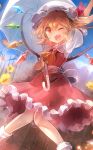  1girl 60mai ;d arm_up ascot blonde_hair blush crystal fangs flandre_scarlet frilled_skirt frills hat hat_ribbon holding holding_umbrella knees_together_feet_apart looking_at_viewer mob_cap one_eye_closed open_mouth outdoors puffy_short_sleeves puffy_sleeves red_eyes red_ribbon red_skirt red_vest ribbon sash short_sleeves side_ponytail skirt skirt_set smile solo touhou umbrella wings 