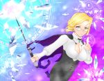 1girl blonde_hair breasts cleavage drill_hair earrings glynda_goodwitch green_eyes high-waist_skirt jewelry large_breasts magic_circle pencil_skirt riding_crop rwby short_hair skirt solo underbust you_(fuyura) 