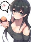  1girl agano_(kantai_collection) alternate_costume bare_shoulders black_hair black_sweater blush bra_strap breasts cleavage closed_mouth collarbone dyson_(edaokunnsaikouya) flying_sweatdrops food frown green_eyes holding holding_food kantai_collection large_breasts long_hair long_sleeves looking_at_viewer off-shoulder_sweater ribbed_sweater solo spoken_blush sweater tears upper_body white_background 