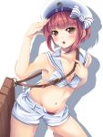  1girl :o adapted_costume auburn_hair blush bow brown_eyes clothes_writing hand_gesture hand_on_own_forehead hat kantai_collection looking_at_viewer open_mouth sailor_bikini sailor_collar sailor_hat shadow short_hair shorts solo white_background white_shorts yumibakama_meme z3_max_schultz_(kantai_collection) 