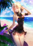  1girl 2016 astarone beach black_swimsuit dated day fate/stay_night fate_(series) ocean outdoors saber saber_alter solo swimsuit twitter_username yellow_eyes 