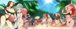  6+girls :d animal_ears bandaid bandaid_on_nose beach bikini black_bikini blue_eyes blue_hair blue_sky blush breasts brown_hair cleavage closed_eyes dark_skin grin hair_over_eyes hoop hula_hoop kenshin187 long_hair lotion_bottle lying multiple_girls navel on_stomach open_mouth orange_hair original palm_tree pink_hair pointy_ears scales short_hair silver_hair sky smile sun sunglasses sunglasses_on_head swimsuit tail tears tree under_boob yellow_eyes 