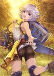  1girl bike_shorts blue_eyes farrah_(granblue_fantasy) forest granblue_fantasy looking_at_viewer looking_back nature outdoors outstretched_arm ryouku short_hair silver_hair solo sword weapon 