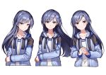  1girl 72producer absurdres blue_hair blush brown_eyes expressions highres hood hooded_jacket idolmaster_platinum_stars jacket kisaragi_chihaya light_smile long_hair looking_at_viewer simple_background white_background 