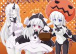  3girls arm_up blue_eyes breasts candy cape check_commentary commentary_request covered_navel halloween halloween_costume highres kantai_collection kurenaidahlia large_breasts long_hair looking_at_viewer multiple_girls northern_ocean_hime pale_skin pumpkin red_eyes ribbed_sweater seaport_hime shinkaisei-kan sweater white_hair wo-class_aircraft_carrier 