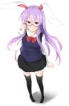  1girl adjusting_glasses animal_ears black_legwear bow bowtie breasts collared_shirt foreshortening from_above glasses lavender_hair long_hair long_sleeves looking_at_viewer rabbit_ears red_eyes reisen_udongein_inaba semi-rimless_glasses shadow shirt shoes skirt smile solo thigh-highs touhou vest white_background xialuluo_(sharuro) zettai_ryouiki 
