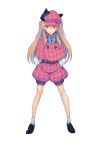  1girl bow brown_hair deerstalker full_body hat highres loafers long_hair long_sleeves looking_at_viewer official_art puffy_pants shoes simple_background solo toys_drive white_background wide_stance 