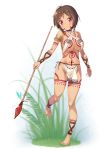  1girl :o armlet bare_shoulders barefoot beads blush braid breasts brown_hair choker cleavage commentary_request criss-cross_halter facial_mark feathers forehead_mark fringe full_body full_body_tattoo gradient grass hair_ornament hair_tie hairclip halter_top halterneck highres holding holding_weapon ichi_makoto jewelry leg_up legs_apart loincloth looking_at_viewer medium_breasts midriff navel original polearm red_eyes ring shade shiny shiny_skin side_braid single_braid skindentation solo spear standing standing_on_one_leg stomach tan tattoo toenails under_boob weapon 