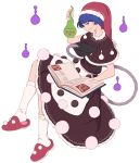  1girl apron black_dress blob blue_eyes blue_hair blush_stickers capelet doremy_sweet dress ekubo_(mob_psycho_100) face full_body hat highres looking_at_viewer mefomefo mob_psycho_100 nightcap pom_pom_(clothes) purple_lips red_hat simple_background slippers smile socks solo tail touhou waist_apron white_apron white_background white_legwear 