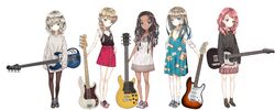  5girls bass_guitar black_hair blonde_hair blue_eyes braid camophilia casual dark_skin electric_guitar full_body green_eyes guitar highres instrument long_hair long_sleeves multiple_girls original pantyhose precision_bass red_eyes redhead shoes short_sleeves silver_hair skirt socks stratocaster sweater telecaster twin_braids white_background white_legwear 