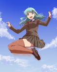  1girl :d aqua_eyes aqua_hair ascot blue_sky brown_legwear clouds hair_ornament hairclip hands_up ishii_hisao jacket jumping kantai_collection loafers long_hair open_mouth pleated_skirt school_uniform shoes skirt sky smile solo suzuya_(kantai_collection) thigh-highs 