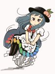 1girl :&lt; blouse blue_hair blue_skirt blush blush_stickers boots chibi chii-kun_(seedyoulater) food fruit hat hinanawi_tenshi keystone long_hair long_skirt peach puffy_short_sleeves puffy_sleeves red_eyes short_sleeves sitting skirt touhou white_blouse