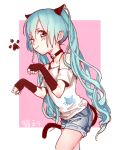  1girl animal_ears aqua_hair black_gloves cat_ears cat_tail choker denim denim_shorts fingerless_gloves from_side gloves hatsune_miku highres long_hair maoke_renxing one_eye_closed paw_pose shorts solo tail twintails very_long_hair vocaloid 