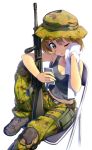  1girl ;o akama_zenta alternate_costume assault_rifle bandaid bandaid_on_face bare_arms belt blonde_hair boots breasts brown_eyes camouflage cellphone chair cleavage collarbone from_above gun hat holding holding_gun holding_phone holding_towel holding_weapon kantai_collection knee_up looking_at_phone m16 midriff military oboro_(kantai_collection) one_eye_closed pants phone rifle short_hair simple_background sitting smartphone solo sweat tank_top towel vertical_foregrip weapon white_background 