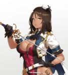  1girl ascot belt black_gloves breasts brooch brown_hair cape cleavage cropped dark_skin glint gloves gradient gradient_background hand_on_hip hat houtengeki jewelry large_breasts mini_hat original parted_lips rapier sheath short_sleeves simple_background solo sword weapon yellow_eyes 