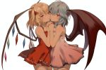  2girls bangs bare_shoulders bat_wings blonde_hair blue_hair bow chestnut_mouth collarbone dress eredhen face-to-face fingernails flandre_scarlet hair_between_eyes hair_bow hands_together holding_hands interlocked_fingers jpeg_artifacts lavender_dress looking_at_viewer multiple_girls nail_polish parted_lips red_bow red_dress red_eyes red_nails remilia_scarlet short_dress short_hair siblings side_ponytail simple_background sisters sleeveless sleeveless_dress thigh-highs touhou white_background wings 