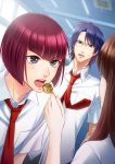  1girl 2boys blue_eyes blue_hair brown_hair eri_(happpychamp) feeding gakuensai_no_ouji-sama hirose_shizuka long_hair mukahi_gakuto multiple_boys necktie open_mouth oshitari_yuushi purple_hair school_uniform short_hair sweatdrop takoyaki tennis_no_ouji-sama 