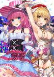  2girls :d arm_up arm_warmers armpits bare_shoulders belt belt_buckle blonde_hair blue_eyes blue_skirt blush bow bowtie breasts buckle cable choker cleavage collarbone corset cowboy_shot dress earrings elizabeth_bathory_(fate/grand_order) fate/grand_order fate_(series) flower flower_wreath frilled_choker frills garter_straps gloves green_eyes hair_intakes hakuishi_aoi head_wreath holding_microphone jewelry lancer_(fate/extra_ccc) layered_dress leg_up lock long_hair medium_breasts microphone multiple_girls open_mouth pink_bow pink_bowtie pink_hair pointy_ears saber_extra short_hair sideboob skirt smile standing standing_on_one_leg teeth thigh-highs veil white_gloves white_legwear white_leotard zipper 