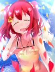  1girl ^_^ artist_request closed_eyes dress flower hair_flower hair_ornament highres kurosawa_ruby love_live! love_live!_sunshine!! open_mouth petals redhead sky smile solo sundress twintails 
