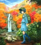 1girl autumn_leaves backpack bag blue_eyes blue_hair boots grass hair_bobbles hair_ornament hat hill kawashiro_nitori key looking_at_viewer looking_to_the_side marker_(medium) millipen_(medium) mixed_media outdoors rock rubber_boots scenery shiratama_(hockey) short_hair sky smile solo touhou traditional_media tree two_side_up walking water waterfall 