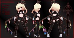  1girl 3d alternate_costume ascot bare_shoulders bat_hair_ornament belt bikini_top black_bikini_top black_boots black_legwear black_skirt blender_(medium) blonde_hair boots character_name commentary cross-laced_footwear crystal detached_sleeves flandre_scarlet frills gs-mantis hair_ornament hair_ribbon highres lace-up_boots laevatein miniskirt nail_polish navel pleated_skirt red_eyes red_nails ribbon side_ponytail skirt skirt_set smile solo stats stomach touhou turnaround wings 