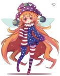  1girl :&lt; absurdly_long_hair american_flag_dress american_flag_legwear bangs blush clownpiece commentary dress fairy_wings full_body hat highres jester_cap long_hair looking_at_viewer muuran neck_ruff orange_hair pantyhose petite polka_dot short_dress signature sleeves_past_wrists solo standing star star_print striped touhou very_long_hair wide_hips wings yellow_eyes 