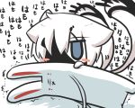  1girl :x animal_ears artist_self-insert bags_under_eyes blue_eyes blush_stickers cannon cat_ears cat_tail commentary_request gomasamune kantai_collection lying mask multiple_tails ne-class_heavy_cruiser on_side rabbit shinkaisei-kan sketch tail text translation_request trembling white_hair 