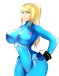  1girl blonde_hair blue_eyes bodysuit breasts highres large_breasts metroid ponytail samus_aran tight zetarok 