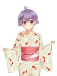  1girl brown_eyes ichinomiya_(blantte) japanese_clothes kantai_collection kimono looking_at_viewer purple_hair sakawa_(kantai_collection) short_hair solo yukata 
