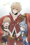  1girl 2boys albert_(shingeki_no_bahamut) animal_ears belt blonde_hair blue_eyes blue_hair brown_eyes cape erun_(granblue_fantasy) feather_(granblue_fantasy) ferry_(granblue_fantasy) granblue_fantasy gucha_(netsu) looking_at_another multiple_boys red_eyes sandwiched shingeki_no_bahamut 