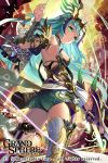  1girl armor blue_hair boots breasts copyright_name eyebrows eyebrows_visible_through_hair garter_straps grand_sphere green_eyes green_shorts hair_ornament highres holding holding_weapon long_hair looking_at_viewer matsui_hiroaki original shorts sideboob smile solo thigh-highs thigh_boots watermark weapon 