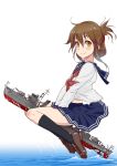  1girl brown_hair folded_ponytail inazuma_(destroyer) inazuma_(kantai_collection) kantai_collection loafers long_hair looking_at_viewer mujuuryoku_kantai namesake neckerchief school_uniform serafuku shoes sitting skirt smile solo water yellow_eyes 