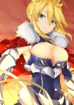  armpits artoria_pendragon_lancer_(fate/grand_order) blonde_hair braid breasts cleavage covered_navel fate/grand_order fate_(series) from_below fur_trim gauntlets green_eyes looking_at_viewer p!nta parted_lips saber 