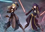  2girls adsouto blonde_hair borrowed_character breasts commentary commission dual_wielding energy_sword green_eyes highres jedi large_breasts lightsaber long_hair multiple_girls original pelvic_curtain pointy_ears ponytail purple_hair sith star_wars sword weapon 
