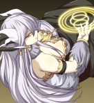  1girl armband bare_shoulders bracelet breasts cleavage commentary_request demon_girl demon_horns downblouse dress fingernails fur_trim garukichi highres horns ilm_(p&amp;d) jewelry long_hair looking_at_viewer looking_up magic_circle medium_breasts necklace orange_eyes puzzle_&amp;_dragons shaded_face silver_hair simple_background sitting slit_pupils solo 