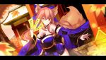  1girl animal_ears architecture belt bow breasts charm_(object) choker cleavage detached_sleeves east_asian_architecture fate/extra fate_(series) highres large_breasts leaf maple_leaf obi paperfinger sash solo tail tamamo_(fate)_(all) tamamo_no_mae_(fate) tree type-moon wide_sleeves yellow_eyes 