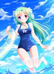  1girl ahoge blue_eyes blue_swimsuit breasts cleavage collarbone green_hair heterochromia highres long_hair ocean original outdoors red_eyes see-through sky smile solo swimsuit thigh-highs white_legwear yagami-all_hail_nanao 