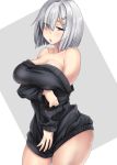  1girl alternate_costume bare_shoulders black_dress blue_eyes blush breast_hold breasts cleavage collarbone commentary_request cowboy_shot dress eyes_visible_through_hair hair_ornament hair_over_one_eye hairclip hamakaze_(kantai_collection) highres kantai_collection kinntarou large_breasts looking_at_viewer off-shoulder_dress off_shoulder parted_lips short_dress short_hair silver_hair solo sweater sweater_dress 