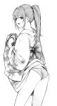  1girl :d absurdres character_request clothes_lift ebisumaru_(ebisumaru3) highres japanese_clothes kimono kimono_lift mole mole_under_mouth monochrome open_mouth panties ponytail smile underwear yukata yukata_lift 