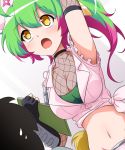  1girl ahoge arm_up armpits bioroid_hei blush breasts buttons clipboard elbow_gloves fingerless_gloves fishnets frills fuuma_kotarou_(sengoku_collection) gloves gradient_hair green_hair hair_between_eyes long_hair medium_breasts midriff multicolored_hair navel open_mouth purple_hair sengoku_collection shuriken_print side-tie_costume sleeveless two-tone_hair yellow_eyes 