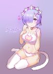  1girl 2016 alternate_costume bare_arms bare_shoulders bell bell_choker blue_eyes blue_hair bra breasts cat_band_legwear cat_cutout cat_ear_panties cat_lingerie cat_tail choker cleavage cleavage_cutout closed_mouth collarbone copyright_name dated full_body hair_ornament hair_over_one_eye hairband hand_on_own_chest heart highres jingle_bell kemonomimi_mode looking_at_viewer medium_breasts navel panties purple_background re:zero_kara_hajimeru_isekai_seikatsu rem_(re:zero) ribbon rushi_(bloodc) short_hair side-tie_panties simple_background smile solo stomach tail thigh-highs thighs underwear underwear_only white_bra white_legwear white_panties white_ribbon x_hair_ornament 