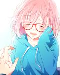  1girl blush closed_eyes glasses holding_hands hood hoodie kuriyama_mirai kyoukai_no_kanata nmunco open_mouth pink_hair red-framed_eyewear short_hair smile solo_focus tears 