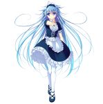  1girl absurdres apron asami_asami azurite blue_eyes blue_hair dress frilled_dress frills full_body highres long_hair maid maid_apron maid_headdress pantyhose re:birth_colony shoes short_sleeves simple_background smile solo 