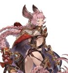  1girl animal_ears ass blue_eyes bow braid cape dark_skin esser granblue_fantasy gun hand_on_hip holding holding_weapon leotard long_hair looking_at_viewer looking_back minaba_hideo pink_hair ribbon serious simple_background solo twin_braids weapon white_background 