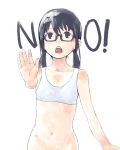  1girl :o bare_arms black-framed_eyewear black_eyes black_hair bottomless bra english flat_chest glasses hidari_kagetora highres long_hair navel no open_mouth original out_of_frame resizing_artifacts semi-rimless_glasses simple_background solo sports_bra twintails under-rim_glasses underwear white_background white_bra 