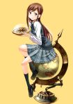  1girl brown_eyes brown_hair compass globe highres kneehighs loafers long_hair original plaid plaid_skirt school_uniform shoes sitting skirt smile solo sweater_vest wadapen 