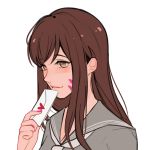  1girl bjmaki blush brown_hair closed_mouth commentary d.va_(overwatch) grey_blouse holding letter long_hair love_letter nail_polish neckerchief overwatch pink_nails sailor_collar school_uniform serafuku simple_background smile solo upper_body whisker_markings white_background 