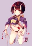  1girl black_hair black_panties blush flower_knight_girl hagi_(flower_knight_girl) houzuki_michiru japanese_clothes kimono kneeling looking_at_viewer panties purple_background red_eyes sai_(weapon) sandals short_hair single_thighhigh solo thigh-highs underwear white_legwear 