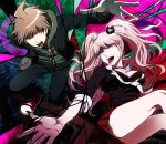  1boy 1girl bear_hair_ornament blue_eyes breasts brown_eyes brown_hair cleavage dangan_ronpa dangan_ronpa_1 enoshima_junko hair_ornament highres hood hoodie jacket layered_clothing mitsumame0810 multicolored_background naegi_makoto nail_polish necktie outstretched_arm pink_hair pleated_skirt red_nails red_skirt shoes skirt sneakers spoilers tongue tongue_out twintails 